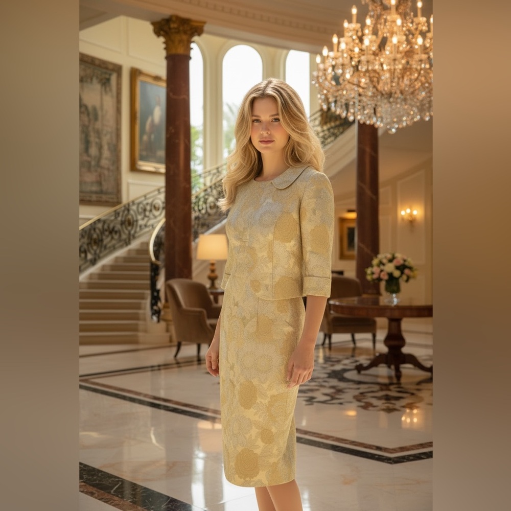Vintage Ecaille by Mary Gold Ivory Metallic Brocade Floral Two Piece Suit 😍